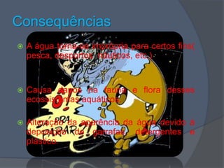 ConsequênciasA água torna-se imprópria para certos fins( pesca, desportos  náuticos, etc.)Causa danos na fauna e flora desses ecossistemas aquáticos.Alteração da aparência da água devido à deposição de garrafas, detergentes e plástico.