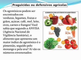 Os agrotóxicos podem ser
encontrados em
verduras, legumes, frutas e
grãos, açúcar, café, mel, leite,
ovos, carnes e frangos! Você
sabia que segundo a ANVISA
(Agência Nacional de
Vigilância Sanitária), o
alimento que apresenta um
maior índice de agrotóxico é o
pimentão, seguido pelo
morango e pela uva? Aí vão os
números envenenados:
 