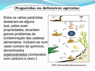 Entre os vários pesticidas
destacam-se alguns
que, pelas suas
propriedades, levantam
graves problemas de
contaminação das cadeias
alimentares. Incluem-se num
vasto número de químicos
denominados
organoclorados (compostos
com carbono e cloro ).
                              DDT (diclorodifeniltricloroetano)
 
