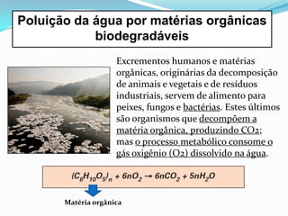 Poluição da água por matérias orgânicas
            biodegradáveis
                     Excrementos humanos e matérias
                     orgânicas, originárias da decomposição
                     de animais e vegetais e de resíduos
                     industriais, servem de alimento para
                     peixes, fungos e bactérias. Estes últimos
                     são organismos que decompõem a
                     matéria orgânica, produzindo CO2;
                     mas o processo metabólico consome o
                     gás oxigênio (O2) dissolvido na água.




       Matéria orgânica
 