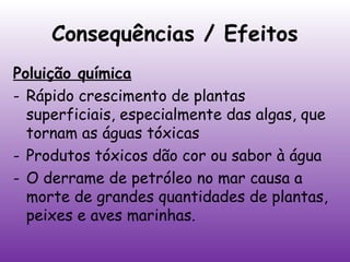 Consequências / Efeitos
Poluição química
- Rápido crescimento de plantas
superficiais, especialmente das algas, que
tornam as águas tóxicas
- Produtos tóxicos dão cor ou sabor à água
- O derrame de petróleo no mar causa a
morte de grandes quantidades de plantas,
peixes e aves marinhas.

 