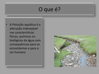 O que é?A Poluição aquática é a alteração indesejável nas características físicas, químicas ou biológicas da água com consequências para os ecossistemas e para o ser humano