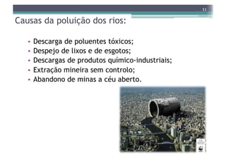 11

Causas da poluição dos rios:

   •  Descarga de poluentes tóxicos;
   •  Despejo de lixos e de esgotos;
   •  Descargas de produtos químico-industriais;
   •  Extração mineira sem controlo;
   •  Abandono de minas a céu aberto.
 