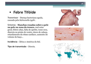 18



    Febre Tifóide
Transmissor – Doença bacteriana aguda,
causada pela Salmonella typhi .

Sintomas - Manchas rosadas sobre a pele
na pele na zona do tronco, mal-estar
geral, febres altas, falta de apetite, tosse seca,
diarreia ou prisão de ventre, dores de cabeça,
retardamento do ritmo cardíaco, aumento do
volume do baço...

Incidência – África e América do Sul.

Tipo de transmissão – Directa.
 