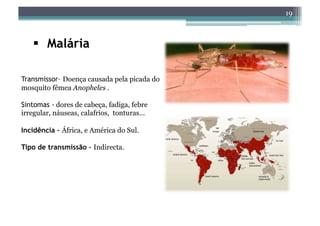 19



     Malária

Transmissor– Doença causada pela picada do
mosquito fêmea Anopheles .

Sintomas - dores de cabeça, fadiga, febre
irregular, náuseas, calafrios, tonturas…

Incidência – África, e América do Sul.

Tipo de transmissão – Indirecta.
 