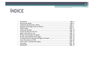 3


ÍNDICE

   •    Introdução .....................................................................................Pág. 4
   •    Poluição das águas ...........................................................................Pág. 6
   •    A Poluição dos Oceanos e Mares ...........................................................Pág. 7
   •    Desastre do Prestige/Golfo do México ...................................................Pág. 8
   •    A Maré Negra ............................................... .................................Pág. 9
   •    A Poluição dos Rios ..........................................................................Pág. 10
   •    Causas da poluição dos rios ................................................................Pág. 11
   •    Quem mais polui os rios? ...................................................................Pág. 12
   •    Os Rios mais poluídos do Mundo ......................................................... .Pág. 13
   •    Os Rios mais poluídos de Portugal ........................................................Pág. 14
   •    Consequências da poluição das águas na saúde……………...............................Pág. 15
   •    Como funcionam as ETAR...................................................................Pág. 20
   •    Como evitar a poluição das águas.........................................................Pág. 21
   •    Conclusão.....................................................................................Pág. 22
   •    Bibliografia ...................................................................................Pág. 23
 
