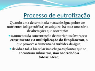 Processo de eutrofização
  Quando uma determinada massa de água pobre em
nutrientes (oligotrófica) os adquire, há toda uma série
              de alterações que ocorrerão:
 o aumento da concentração de nutrientes favorece o
  crescimento e a multiplicação do fitoplâncton, o
      que provoca o aumento da turbidez da água;
 devido a tal, a luz solar não chega às plantas que se
        encontram submersas, não ocorrendo a
                      fotossíntese;
 
