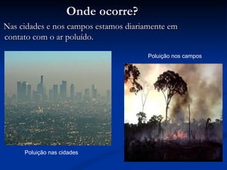 Onde ocorre? Nas cidades e nos campos estamos diariamente em contato com o ar poluído.  Poluição nas cidades Poluição nos campos 