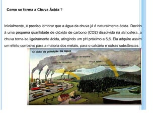 Como se forma a Chuva Ácida  ? Inicialmente, é preciso lembrar que a água da chuva já é naturalmente ácida. Devido à uma pequena quantidade de dióxido de carbono (CO2) dissolvido na atmosfera, a chuva torna-se ligeiramente ácida, atingindo um pH próximo a 5,6. Ela adquire assim um efeito corrosivo para a maioria dos metais, para o calcário e outras substâncias.  