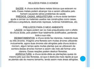 REJUÍZOS PARA O HOMEM           SAÚDE : A chuva ácida libera metais tóxicos que estavam no solo. Esses metais podem alcançar rios e serem utilizados pelo homem causando sérios problemas de saúde.           PRÉDIOS, CASAS, ARQUITETURA : a chuva ácida também ajuda a corroer os materiais usados nas construções como casas, edifícios e arquitetura, destruindo represas, turbinas hidrelétricas, etc.     PREJUÍZOS PARA O MEIO AMBIENTE           LAGOS : os lagos podem ser os mais prejudicados com o efeito da chuva ácida, pois podem ficar totalmente acidificados, perdendo toda a sua vida.           DESMATAMENTOS : a chuva ácida faz clareiras, matando duas ou três árvores. Imagine uma floresta com muitas árvores utilizando mutuamente, agora duas árvores são atingidas pela chuva ácida e morrem, algum tempo após muitas plantas que se utilizavam da sombra destas árvores morrem e assim vão indo até formar uma clareira. Essas reações podem destruir florestas.           AGRICULTURA : a chuva ácida afeta as plantações quase do mesmo jeito que das florestas, só que é destruída mais rápido já que as plantas são do mesmo tamanho, tendo assim mais áreas atingidas.     