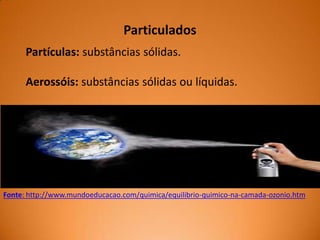 Particulados
Partículas: substâncias sólidas.
Aerossóis: substâncias sólidas ou líquidas.

.

Fonte: http://www.mundoeducacao.com/quimica/equilibrio-quimico-na-camada-ozonio.htm

 