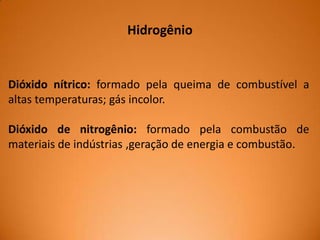 Hidrogênio

Dióxido nítrico: formado pela queima de combustível a
altas temperaturas; gás incolor.

Dióxido de nitrogênio: formado pela combustão de
materiais de indústrias ,geração de energia e combustão.

 