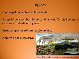 Líquidos
O principal poluente é a chuva ácida.

Formado pela combustão de combustíveis fósseis liberando
enxofre e óxido de nitrogênio.
Esses compostos sofrem reação química.
A chuva ácida é corrosiva.

Fonte:http://chuvaacida.no.comunidades.net/

 
