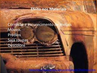 Efeito nos Materiais

Corrosão e escurecimento de metais
Móveis
Prédios
Suja roupas
Descolore

Fonte:http://www.profpc.com.br/eletroqu%C3%ADmica.htm

 