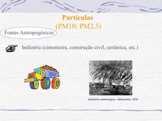 Partículas
                        (PM10; PM2,5)
Fontes Antropogénicas

       Indústria (cimenteira, construção civil, cerâmica, etc.)




                                      Indústria metalúrgica - Alemanha, 1876
 