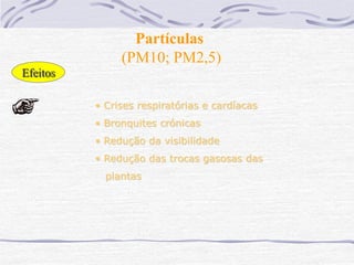 Partículas
               (PM10; PM2,5)
Efeitos

          • Crises respiratórias e cardíacas
          • Bronquites crónicas
          • Redução da visibilidade
          • Redução das trocas gasosas das
            plantas
 