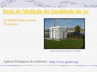Rede de Medição da Qualidade do Ar
Na Região Norte existem
24 estações




                                  Estação de medição da qualidade do ar de Mindelo




Agência Portuguesa do Ambiente : http://www.qualar.org/
 