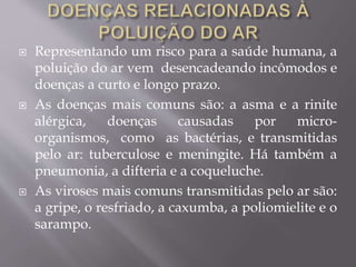  Representando um risco para a saúde humana, a
poluição do ar vem desencadeando incômodos e
doenças a curto e longo prazo.
 As doenças mais comuns são: a asma e a rinite
alérgica, doenças causadas por micro-
organismos, como as bactérias, e transmitidas
pelo ar: tuberculose e meningite. Há também a
pneumonia, a difteria e a coqueluche.
 As viroses mais comuns transmitidas pelo ar são:
a gripe, o resfriado, a caxumba, a poliomielite e o
sarampo.
 