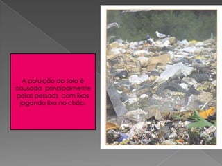 A poluição do solo é causada  principalmente pelas pessoas  com lixos  jogando lixo no chão.
