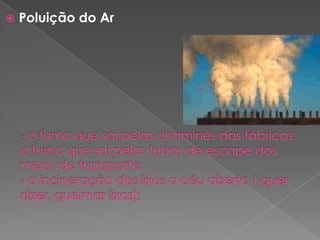 Poluição do Ar- o fumo que sai pelas chaminés das fábricas;o fumo que sai pelos tubos de escape dos meios de transporte;- a incineração dos lixos a céu aberto ( quer dizer, queimar lixos); 