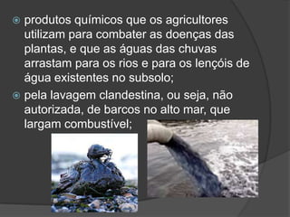 produtos químicos que os agricultores utilizam para combater as doenças das plantas, e que as águas das chuvas arrastam para os rios e para os lençóis de água existentes no subsolo;pela lavagem clandestina, ou seja, não autorizada, de barcos no alto mar, que largam combustível;