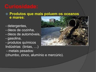 Curiosidade:Produtos que mais poluem os oceanos e mares: - detergentes, - óleos de cozinha, - óleos de automóveis, - gasolina, - produtos químicosIndústrias  (tintas, …) - metais pesados: (chumbo, zinco, alumínio e mercúrio). 