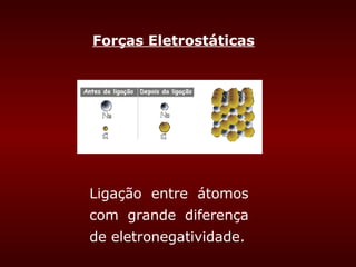 Forças Eletrostáticas




Ligação entre átomos
com grande diferença
de eletronegatividade.
 