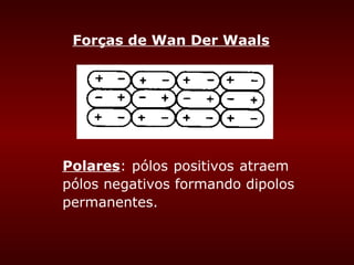 Forças de Wan Der Waals




Polares: pólos positivos atraem
pólos negativos formando dipolos
permanentes.
 