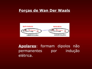 Forças de Wan Der Waals




Apolares: formam dipolos não
permanentes    por    indução
elétrica.
 