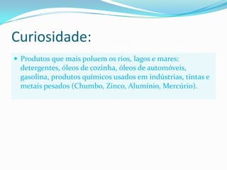 Curiosidade:Produtos que mais poluem os rios, lagos e mares: detergentes, óleos de cozinha, óleos de automóveis, gasolina, produtos químicos usados em indústrias, tintas e metais pesados (Chumbo, Zinco, Alumínio, Mercúrio). 