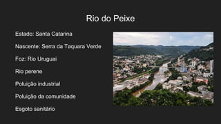 Rio do Peixe
Estado: Santa Catarina
Nascente: Serra da Taquara Verde
Foz: Rio Uruguai
Rio perene
Poluição industrial
Poluição da comunidade
Esgoto sanitário
 