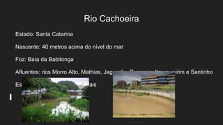 Rio Cachoeira
Estado: Santa Catarina
Nascente: 40 metros acima do nível do mar
Foz: Baía da Babitonga
Afluentes: rios Morro Alto, Mathias, Jaguarão, Bucarein, Itaum-mirim e Santinho
Esgotos domésticos e industriais
 