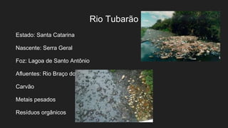 Rio Tubarão
Estado: Santa Catarina
Nascente: Serra Geral
Foz: Lagoa de Santo Antônio
Afluentes: Rio Braço do Norte e Capivari
Carvão
Metais pesados
Resíduos orgânicos
 
