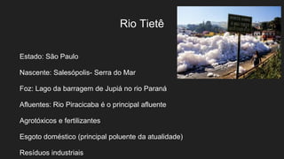 Rio Tietê
Estado: São Paulo
Nascente: Salesópolis- Serra do Mar
Foz: Lago da barragem de Jupiá no rio Paraná
Afluentes: Rio Piracicaba é o principal afluente
Agrotóxicos e fertilizantes
Esgoto doméstico (principal poluente da atualidade)
Resíduos industriais
 
