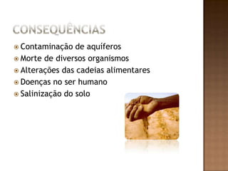 ConsequênciasContaminação de aquíferosMorte de diversos organismosAlterações das cadeias alimentaresDoenças no ser humanoSalinização do solo