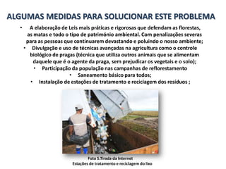 ALGUMAS MEDIDAS PARA SOLUCIONAR ESTE PROBLEMA
  •     A elaboração de Leis mais práticas e rigorosas que defendam as florestas,
       as matas e todo o tipo de património ambiental. Com penalizações severas
       para as pessoas que continuarem devastando e poluindo o nosso ambiente;
      • Divulgação e uso de técnicas avançadas na agricultura como o controle
        biológico de pragas (técnica que utiliza outros animais que se alimentam
         daquele que é o agente da praga, sem prejudicar os vegetais e o solo);
          • Participação da população nas campanhas de reflorestamento
                         • Saneamento básico para todos;
        • Instalação de estações de tratamento e reciclagem dos resíduos ;




                                  Foto 5.Tirada da Internet
                          Estações de tratamento e reciclagem do lixo
 