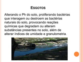 ESGOTOS
Alterando o Ph do solo, proliferando bactérias
que interagem ou destroem as bactérias
naturais do solo, provocando reações
químicas que degradam ou alteram
substâncias presentes no solo, além de
alterar índices de umidade e granulometria.
 
