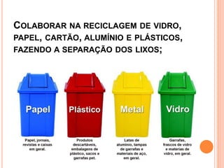 COLABORAR NA RECICLAGEM DE VIDRO,
PAPEL, CARTÃO, ALUMÍNIO E PLÁSTICOS,
FAZENDO A SEPARAÇÃO DOS LIXOS;
 
