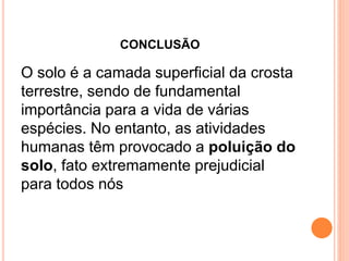 CONCLUSÃO
O solo é a camada superficial da crosta
terrestre, sendo de fundamental
importância para a vida de várias
espécies. No entanto, as atividades
humanas têm provocado a poluição do
solo, fato extremamente prejudicial
para todos nós
 