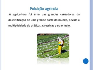 Poluição agrícola
A agricultura foi uma das grandes causadoras da
desertificação de uma grande parte do mundo, devido à
multiplicidade de práticas agressivas para o meio.
 