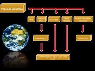 Poluição Aquática Pesticidas Petróleo Bruto C Eutrofização Contaminação da água e dos seres vivos Metais Pesados Adubos e efluentes orgânicos Marés Negras RSU 