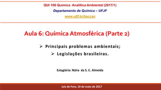 QUI 106 Química Analítica Ambiental (2017/1)
Departamento de Química – UFJF
www.ufjf.br/baccan
Aula 6: Química Atmosférica (Parte 2)
 Principais problemas ambientais;
 Legislações brasileiras.
Estagiária: Náira da S. C. Almeida
Juiz de Fora, 10 de maio de 2017
 