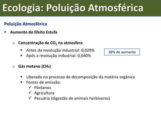 Poluição Atmosférica
 Aumento do Efeito Estufa
o Concentração de CO2 na atmosfera
 Antes da revolução industrial: 0,029%
 Após a revolução industrial: 0,040%
o Gás metano (CH4)
 Liberado no processo de decomposição da matéria orgânica
 Fontes de emissão:
 Pântanos
 Agricultura
 Pecuária (digestão de animais herbívoros)
38% de aumento
Ecologia: Poluição Atmosférica
 