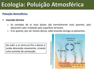 Poluição Atmosférica
 Inversão térmica
o As camadas de ar mais baixas são normalmente mais quentes, pois
absorvem calor irradiado pela superfície terrestre.
o O ar quente, por ser menos denso, sobe levando consigo os poluentes.
Ao subir o ar torna-se frio e denso e
acaba descendo novamente, criando
uma corrente de convecção.
Ar frio
Ar quente
Ecologia: Poluição Atmosférica
 