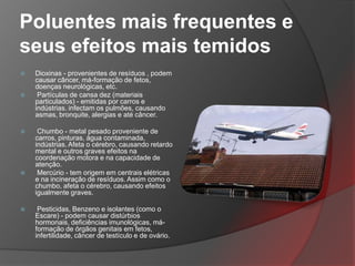 Poluentes mais frequentes e
seus efeitos mais temidos
   Dioxinas - provenientes de resíduos , podem
    causar câncer, má-formação de fetos,
    doenças neurológicas, etc.
    Partículas de cansa dez (materiais
    particulados) - emitidas por carros e
    indústrias. infectam os pulmões, causando
    asmas, bronquite, alergias e até câncer.

    Chumbo - metal pesado proveniente de
    carros, pinturas, água contaminada,
    indústrias. Afeta o cérebro, causando retardo
    mental e outros graves efeitos na
    coordenação motora e na capacidade de
    atenção.
    Mercúrio - tem origem em centrais elétricas
    e na incineração de resíduos. Assim como o
    chumbo, afeta o cérebro, causando efeitos
    igualmente graves.

    Pesticidas, Benzeno e isolantes (como o
    Escare) - podem causar distúrbios
    hormonais, deficiências imunológicas, má-
    formação de órgãos genitais em fetos,
    infertilidade, câncer de testículo e de ovário.
 