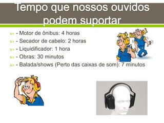  - Motor de ônibus: 4 horas
 - Secador de cabelo: 2 horas
 - Liquidificador: 1 hora
 - Obras: 30 minutos
 - Balada/shows (Perto das caixas de som): 7 minutos
 