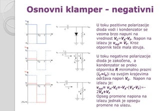Osnovni klamper - negativni
U toku pozitivne polarizacije
dioda vodi i kondenzator se
veoma brzo napuni na
vrednost VC=VA-VF. Napon na
izlazu je vout= VF. Kroz
otpornik teče mala struja.
U toku negativne polarizacije
dioda je zakočena, a
kondenzator se preko
otpornika R minimalno prazni
(iC=iR)i na svojim krajevima
održava napon VC. Napon na
izlazu je:
vout= vin-VC=-VA-(VA-VF)=-
2VA+VF
Opseg promene napona na
izlazu jednak je opsegu
promene na ulazu.
 