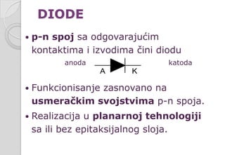 DIODE
 p-n spoj sa odgovarajućim
kontaktima i izvodima čini diodu
anoda katoda
 Funkcionisanje zasnovano na
usmeračkim svojstvima p-n spoja.
 Realizacija u planarnoj tehnologiji
sa ili bez epitaksijalnog sloja.
 