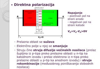  Direktna polarizacija
◦ Prelazna oblast se sužava
◦ Električno polje u njoj se smanjuje
◦ Struju čine struja difuzije većinskih nosilaca (prelaz
šupljina iz p-tipa preko prelazne oblasti u n-tip ka
katodnom izvodu i prelaz elektrona iz n-tipa preko
prelazne oblasti u p-tip ka anodnom izvodu) i struja
rekombinacije (međusobnog poništavanja slobodnih
nosilaca)
Napajanje
- pozitivan pol na
strani anode
- negativan pol na
strani katode
VD=VA-VK>0V
 