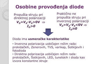 Osobine provođenja diode
Propušta struju pri
direktnoj polarizaciji
VD=VA-VK>0V ⇒
ID>0
Dioda ima usmeračke karakteristike
• Inverzna polarizacija uobičajen režim rada:
prekidačkih, Zenerovih, TVS, varikap, Šotkijevih i
fotodioda
• Direktna polarizacija uobičajen režim rada:
prekidačkih, Šotkijevih, LED, tunelskih i dioda kao
izvora konstantne struje
Praktično ne
propušta struju pri
inverznoj polarizaciji
VD=VA-VK<0V ⇒
ID≈0
 
